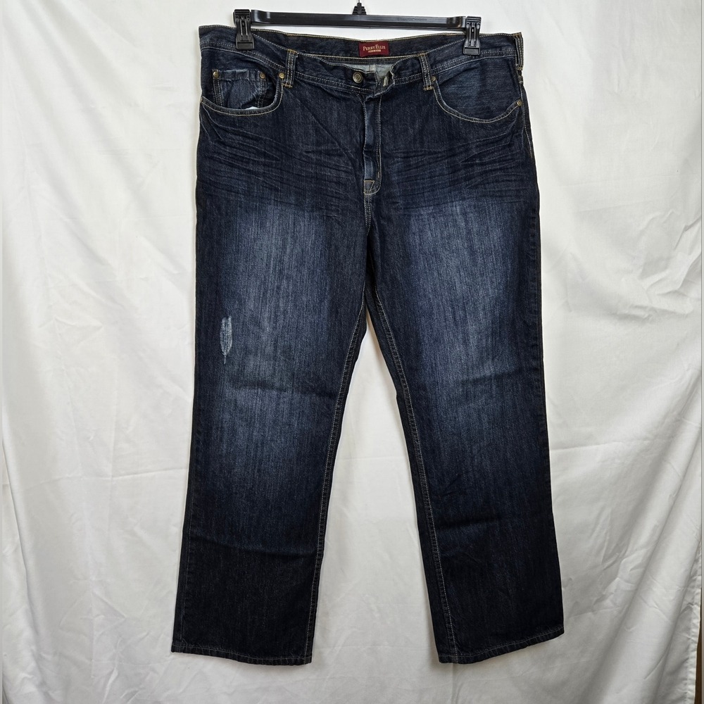 Perry Ellis Premium Denim Mens Dark Wash Straight Leg Distressed Y2K Jeans 40x30